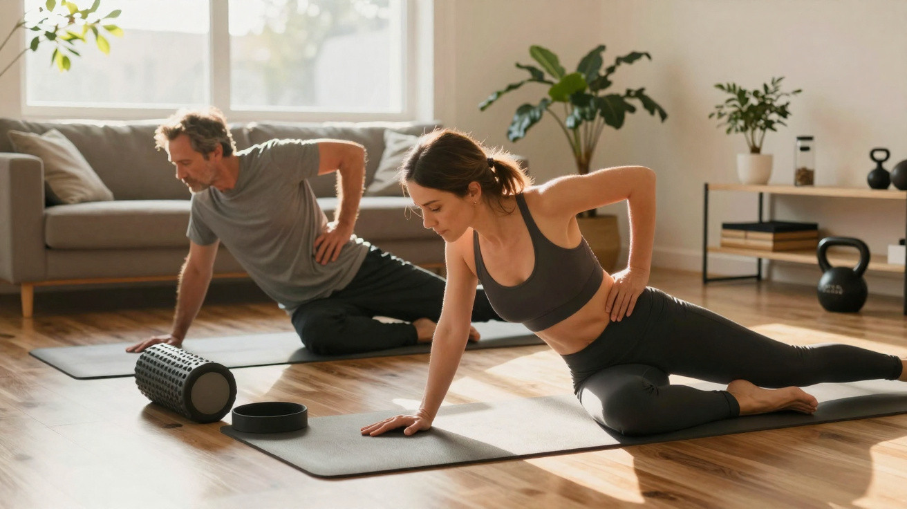 Casal fazendo exercícios de alongamento em tapetes de yoga na sala iluminada pela manhã.
