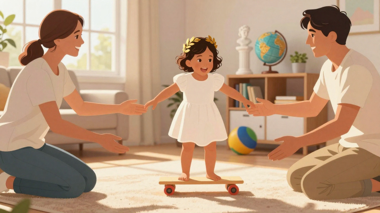 Criança sorridente em vestido branco andando de skate dentro de casa com pais apoiando de ambos os lados.
