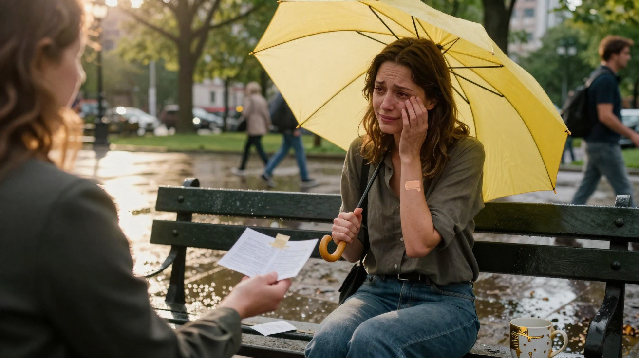 Mulher chorando sentada em banco com guarda-chuva amarelo, conversa com outra pessoa em parque molhado pela chuva.