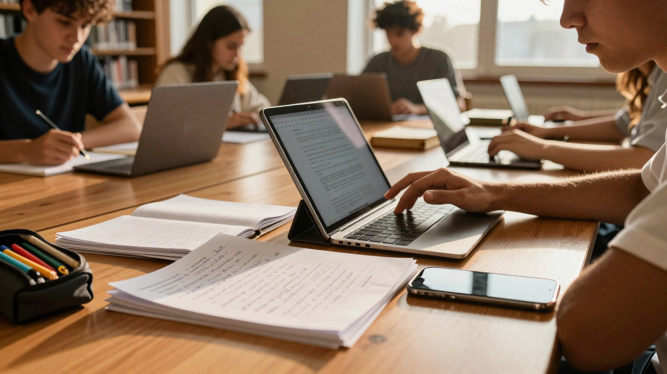 Jovens estudando em grupo com laptops, cadernos e materiais escolares em mesa de madeira clara.