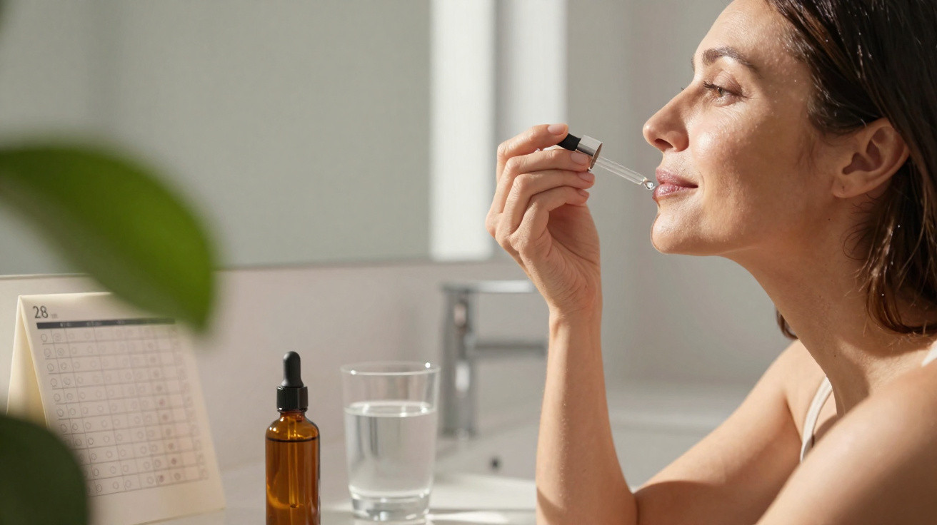Mulher aplicando sérum facial com conta-gotas em banheiro iluminado pela luz natural.