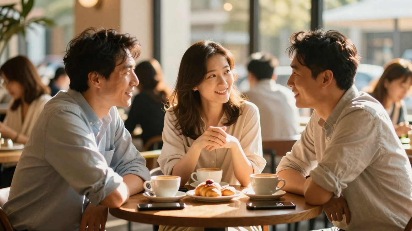 Três jovens conversando e sorrindo em uma cafeteria, com café e croissants na mesa.