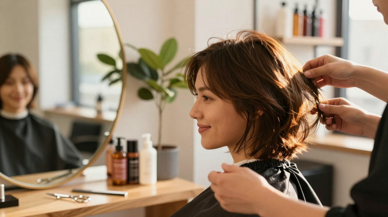 Mulher sorrindo enquanto cabeleireiro ajusta seu cabelo curto em salão de beleza moderno.