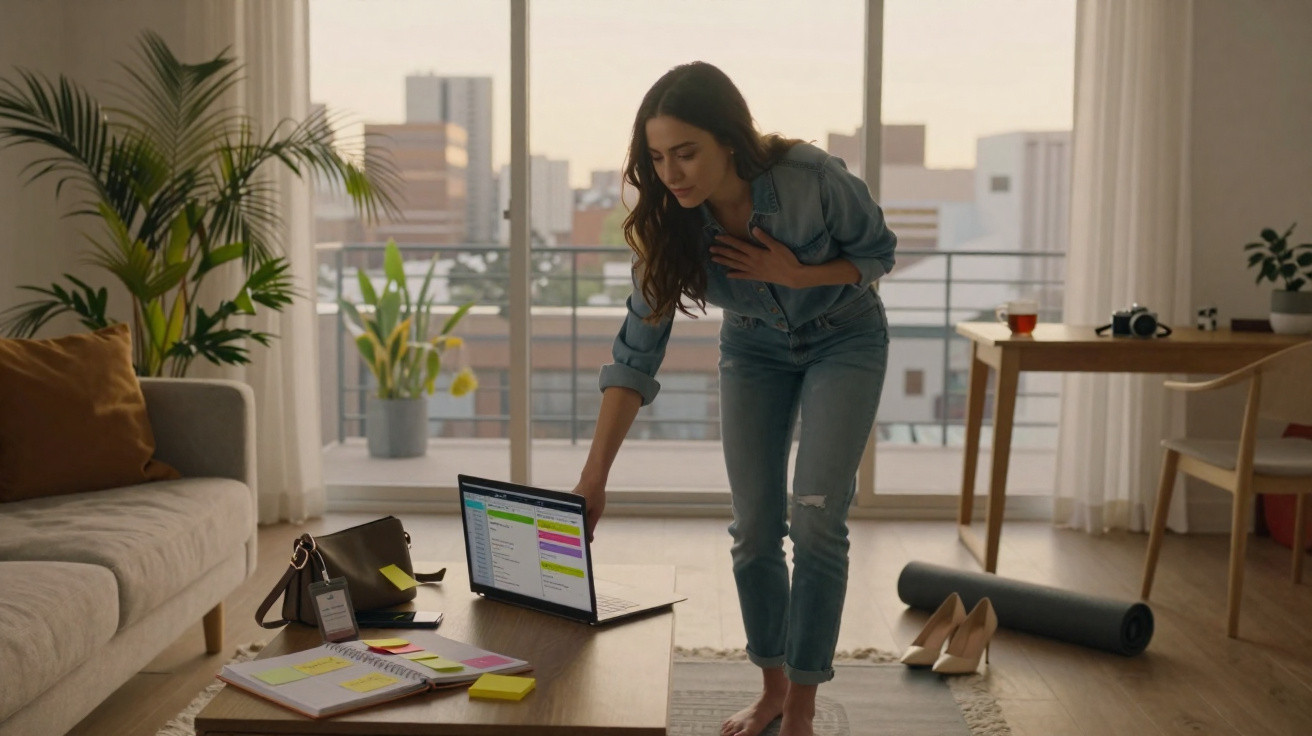 Mulher em pé na sala olhando para laptop na mesa com agenda, post-its e bolsa ao redor.