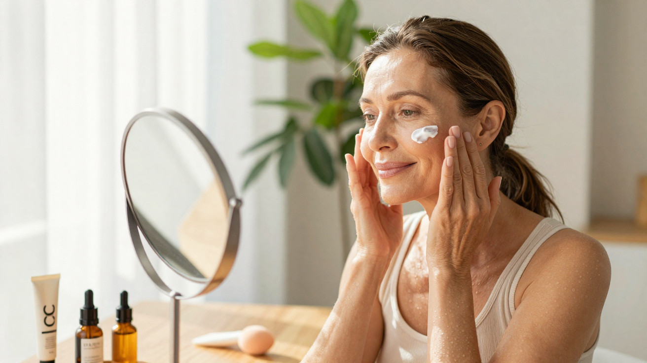 Mulher aplicando creme facial sorrindo em frente a espelho em ambiente iluminado e plantas ao fundo.