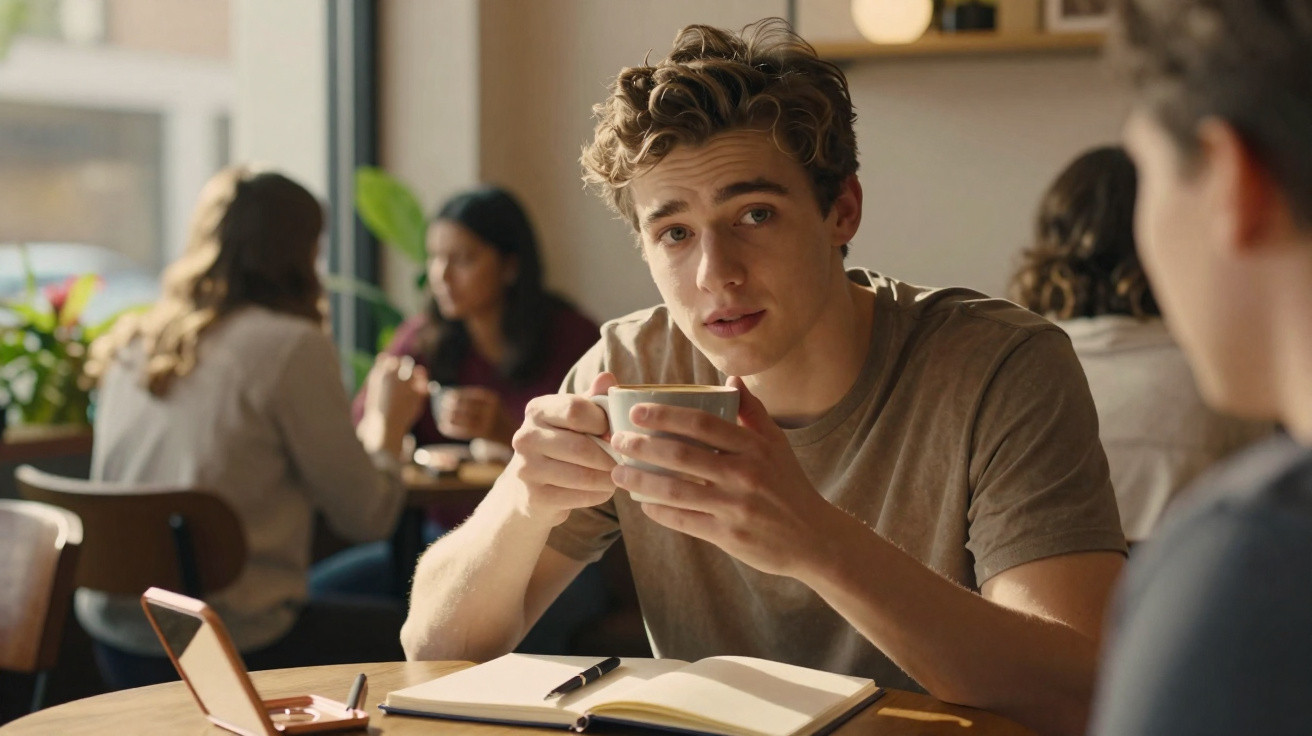 Jovem segurando xícara em café, sentado à mesa com caderno aberto e outras pessoas ao fundo.