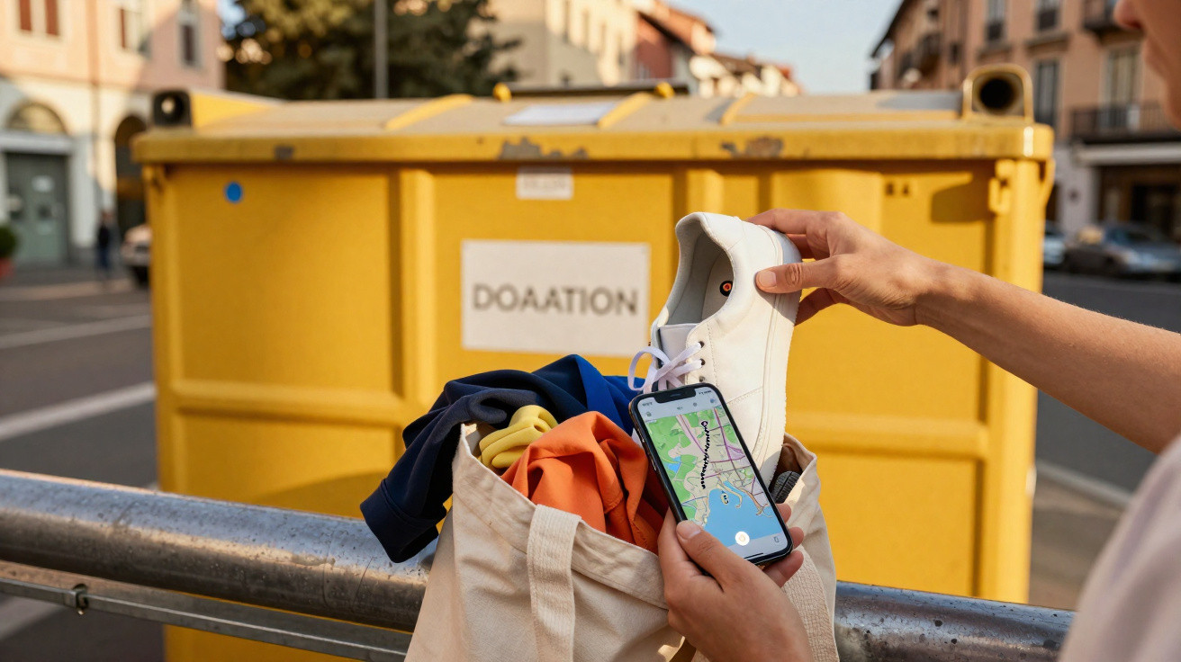 Pessoa coloca tênis branco em bolsa de tecido com roupas, ao lado de contêiner amarelo de doação na rua.