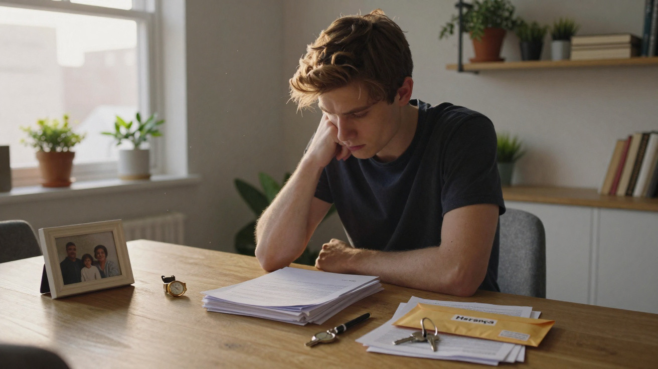 Jovem sentado à mesa lendo papéis e correspondências com expressão pensativa em ambiente doméstico.