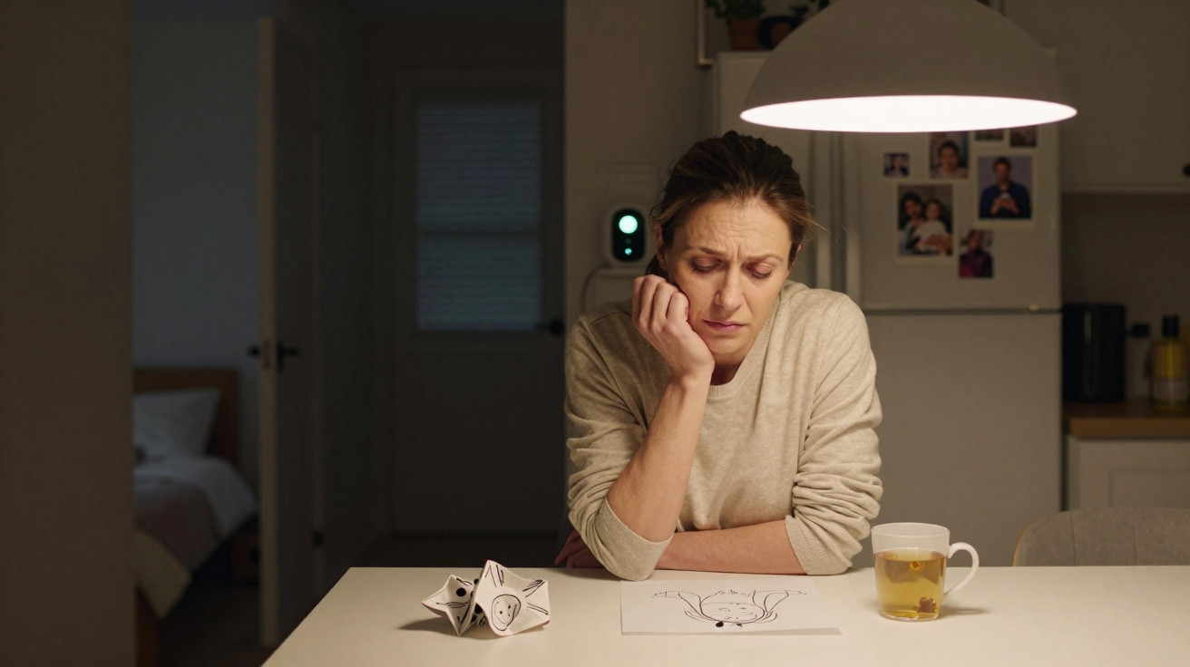 Mulher pensativa sentada à mesa com desenho e chá, sob luz de luminária em ambiente doméstico à noite.