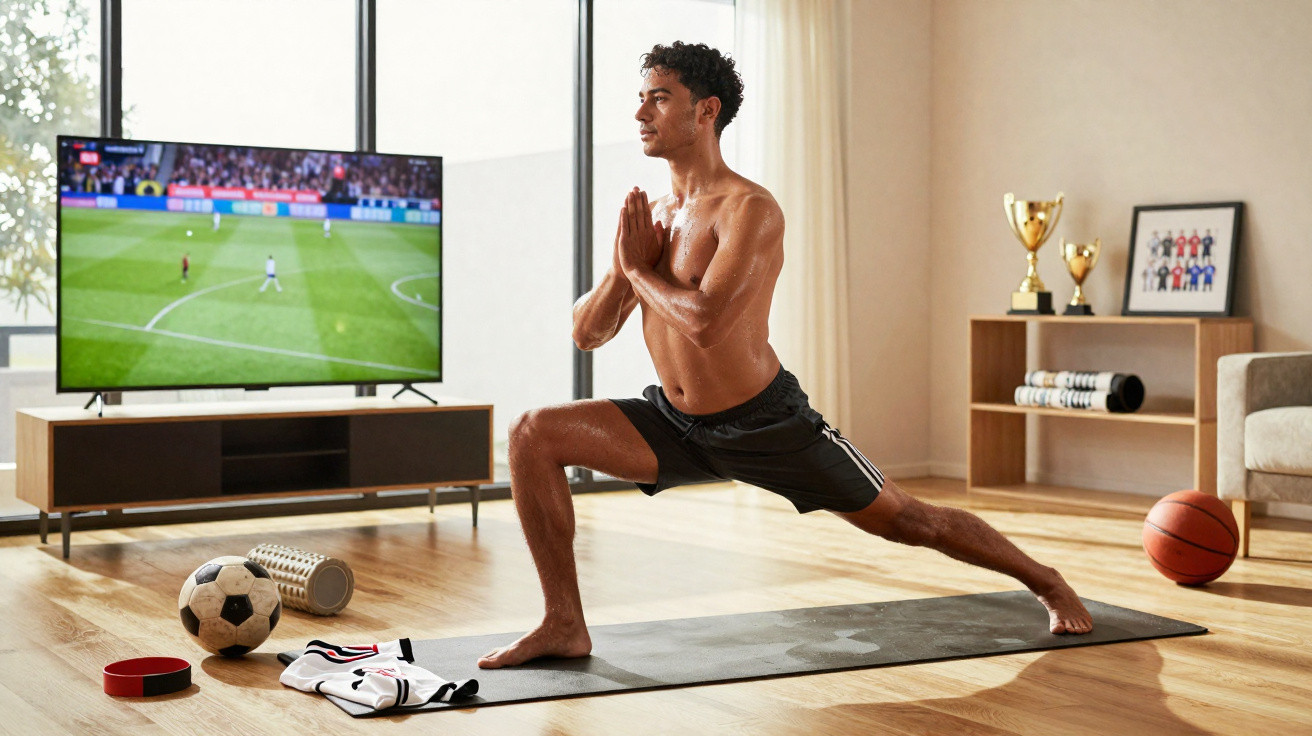 Homem fazendo exercício de yoga em sala com bola de futebol e basquete, assistindo jogo na TV.