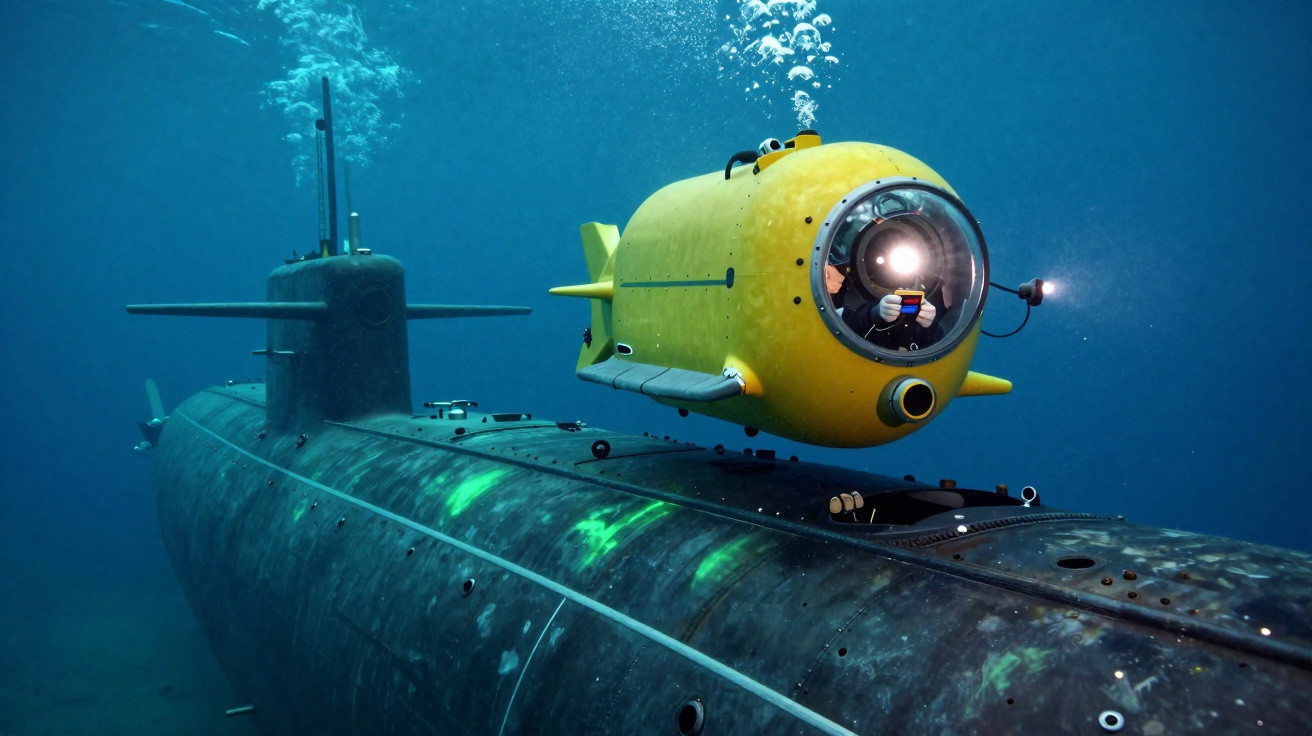 Submarino amarelo pequeno com luz dianteira emergindo de submarino maior no fundo do mar.