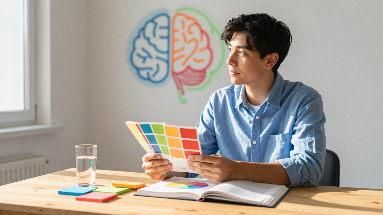 Homem sentado à mesa segurando amostra de cores, com cérebro desenhado na parede ao fundo.