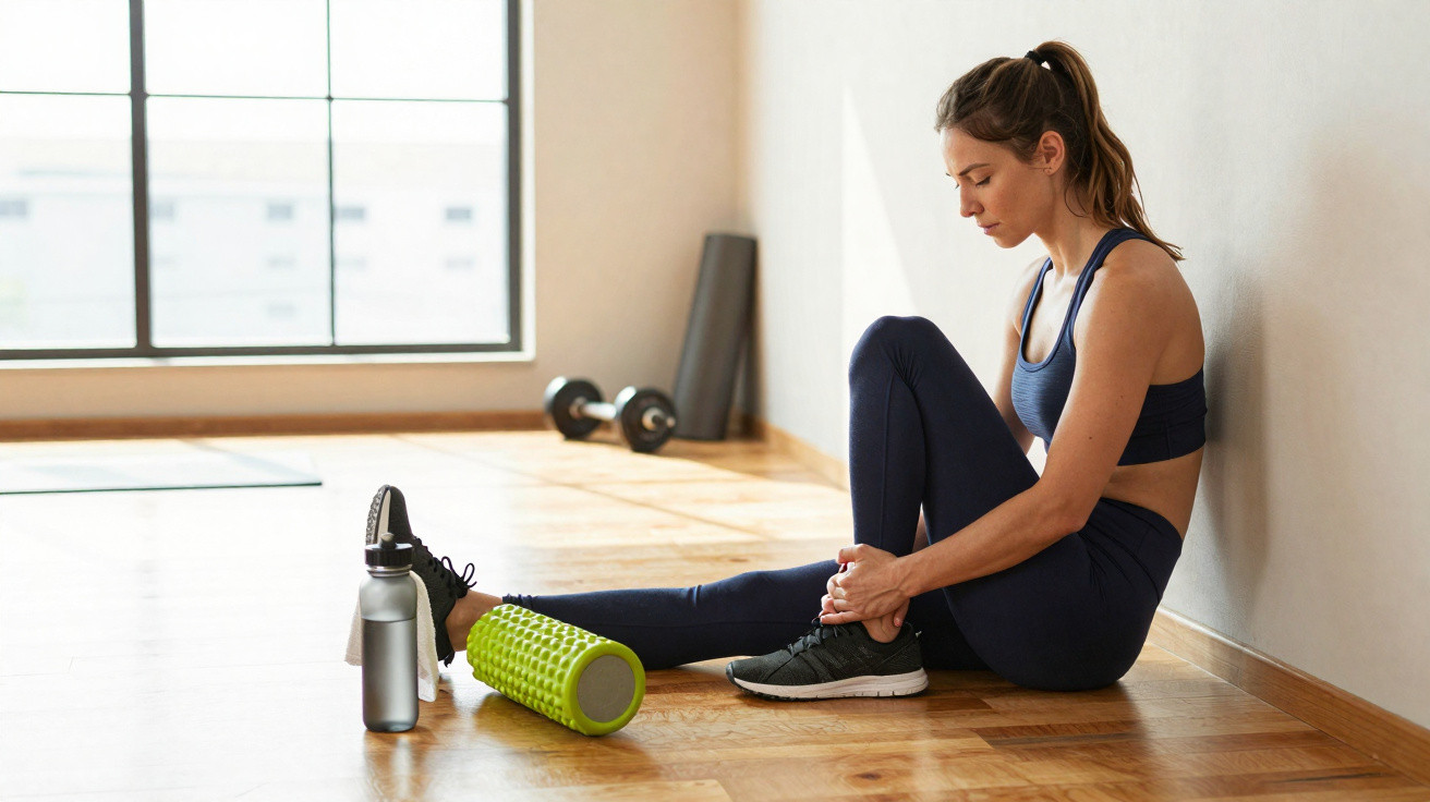Mulher sentada no chão de academia com roupa esportiva massageando o tornozelo, ao lado rolo de foam roller e garrafa.