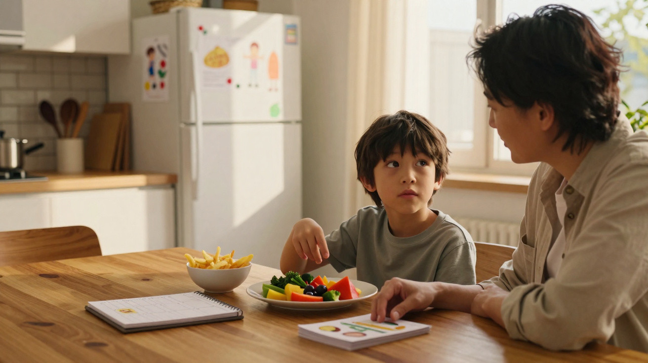 Criança e adulto sentados à mesa com prato de frutas e caderno em ambiente iluminado pela janela.