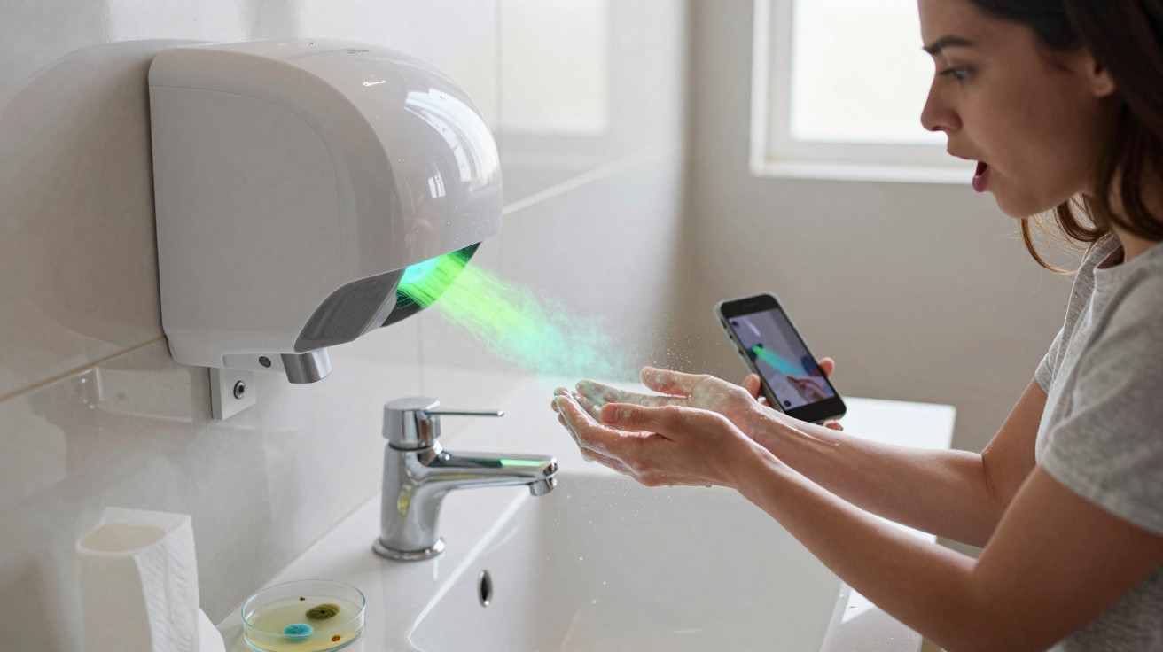 Mulher usando secador automático de mãos com luz verde em banheiro enquanto segura celular.