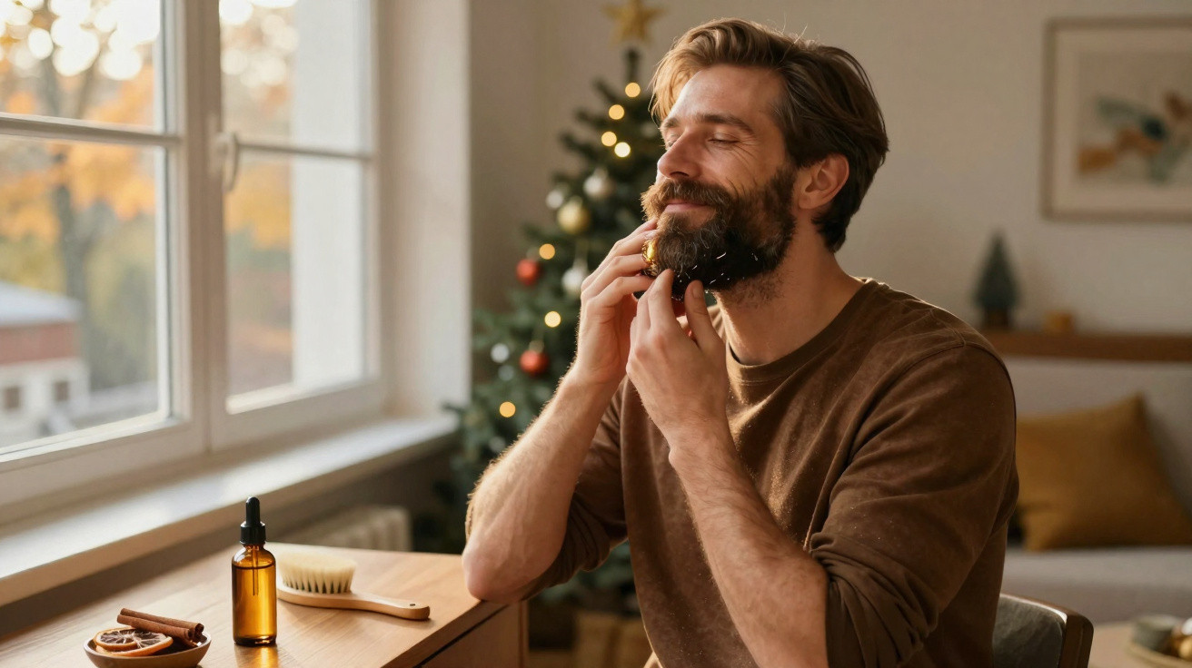 Homem aplicando óleo na barba sentado em mesa perto de árvore de Natal decorada.