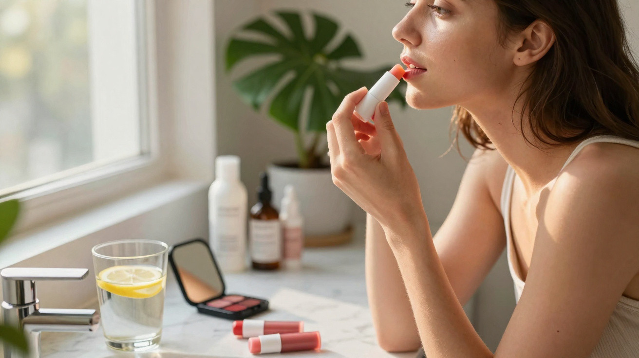 Mulher aplicando batom em ambiente iluminado, com produtos de beleza e copo com água e limão na bancada.