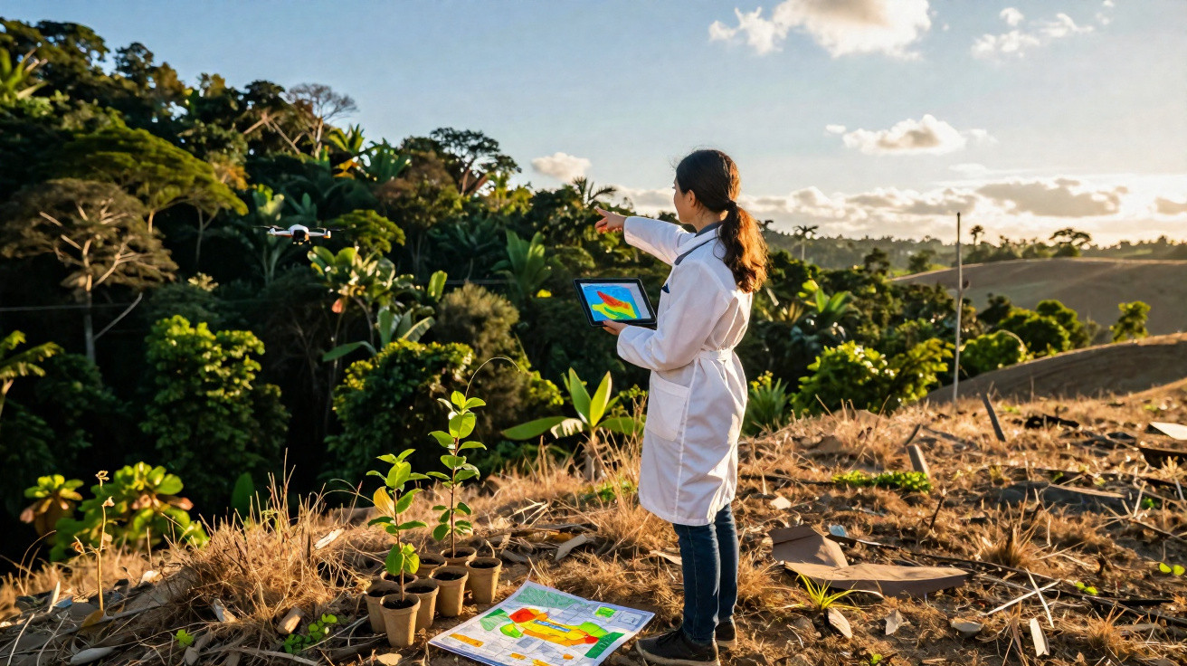 Mulher com jaleco usando tablet em área rural com plantas e drone voando ao fundo.