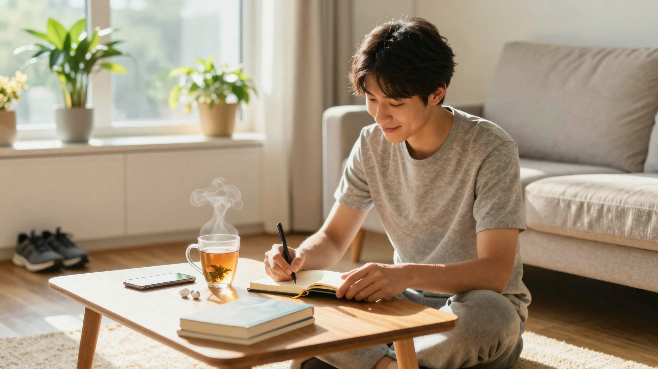 Jovem sentado no chão escrevendo em caderno, com chá quente e livros sobre a mesa de madeira.