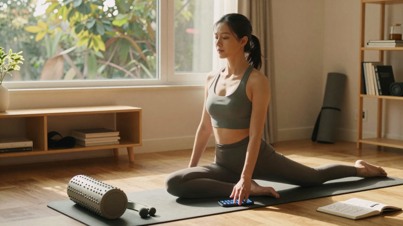Mulher praticando alongamento no tapete de yoga em ambiente iluminado e com acessórios de exercício próximos.