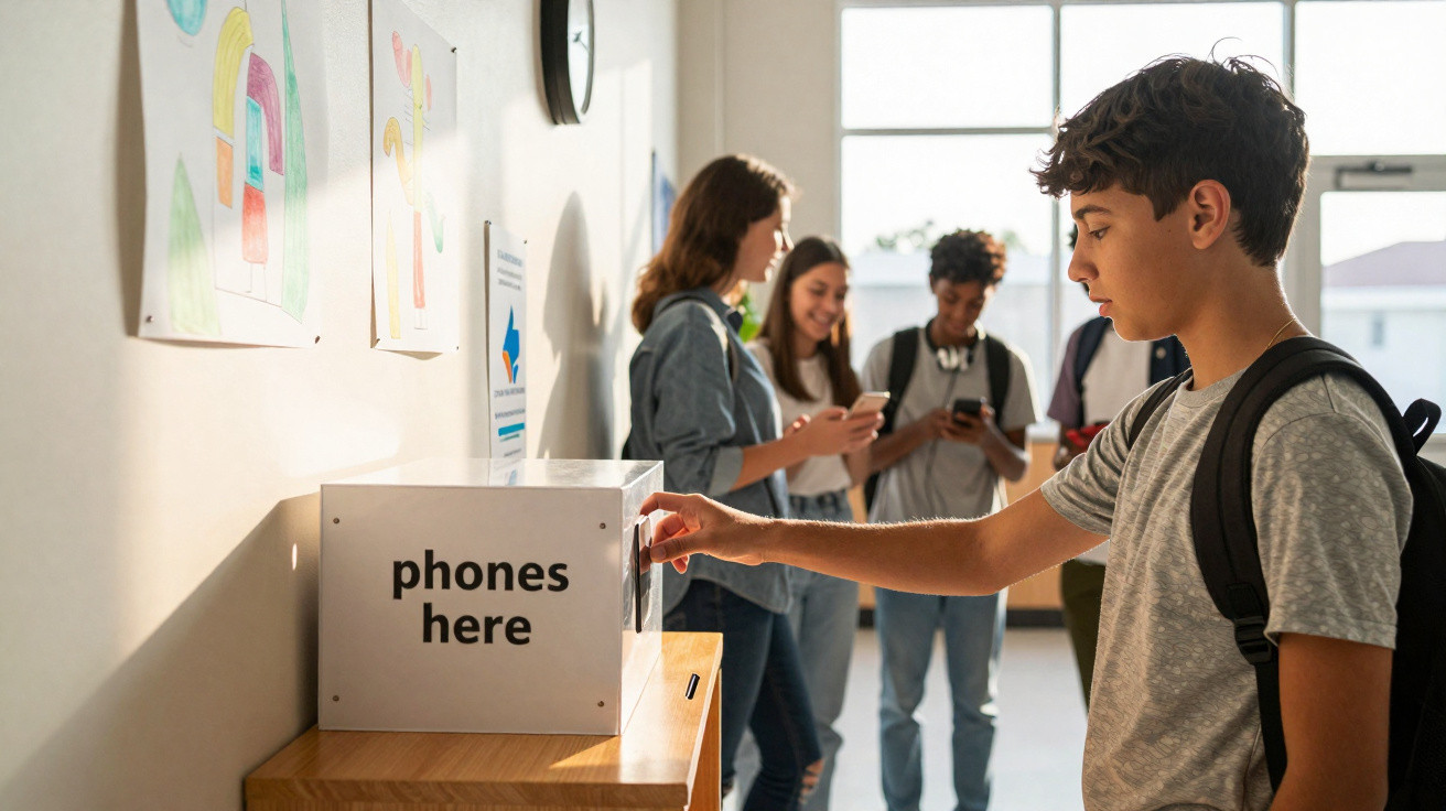 Estudante guardando celular em caixa sinalizada "phones here" enquanto outros jovens usam seus celulares ao fundo.