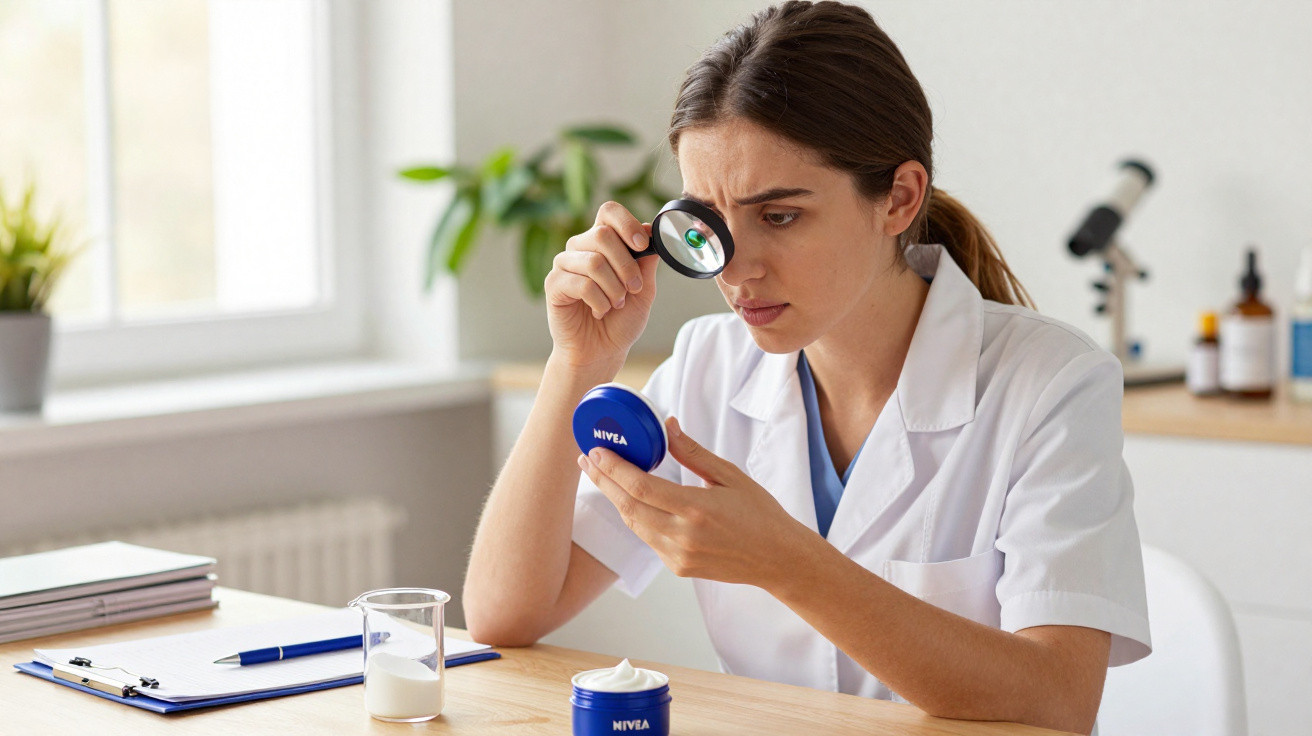 Mulher vestindo jaleco branco examina pote de creme Nivea com lupa em escritório luminoso.