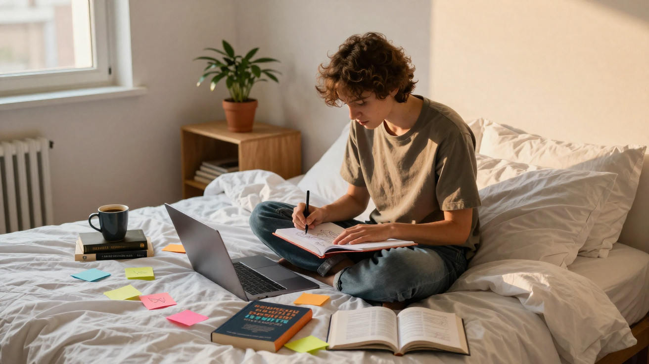 Jovem sentado na cama estudando com laptop, livros, cadernos e post-its em quarto iluminado pela luz natural.
