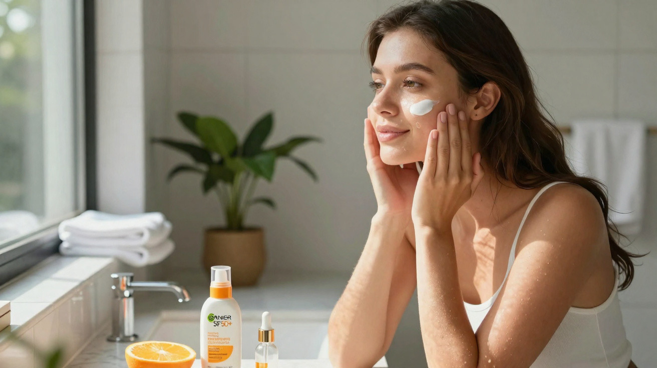 Mulher aplica creme facial próximo à pia, ao lado de produtos de cuidado e uma laranja cortada.