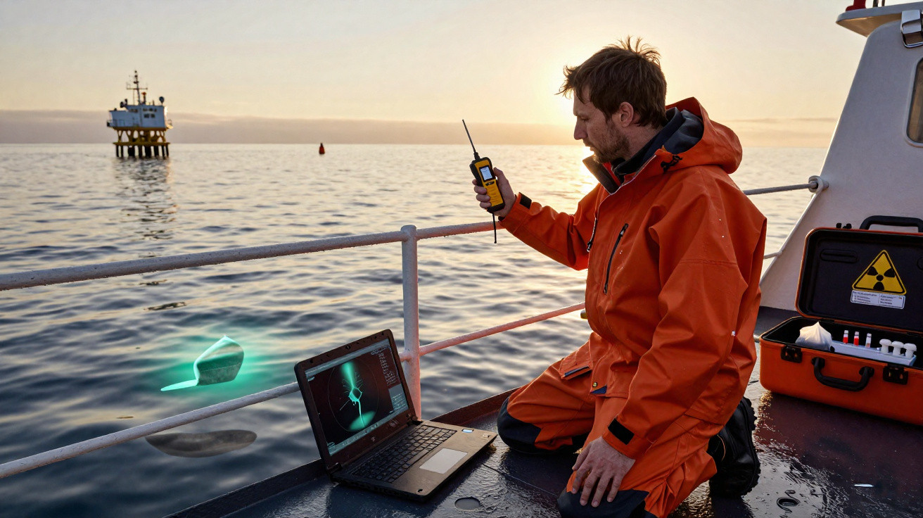 Homem com traje laranja usa rádio e laptop em barco no mar durante o pôr do sol, próximo a plataforma offshore.