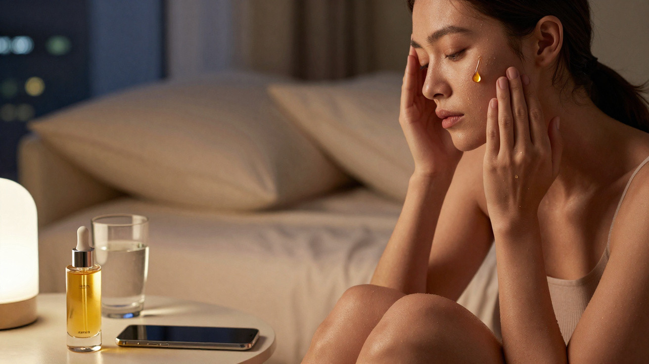 Mulher aplicando sérum dourado no rosto sentada ao lado de mesa com celular e copo de água.