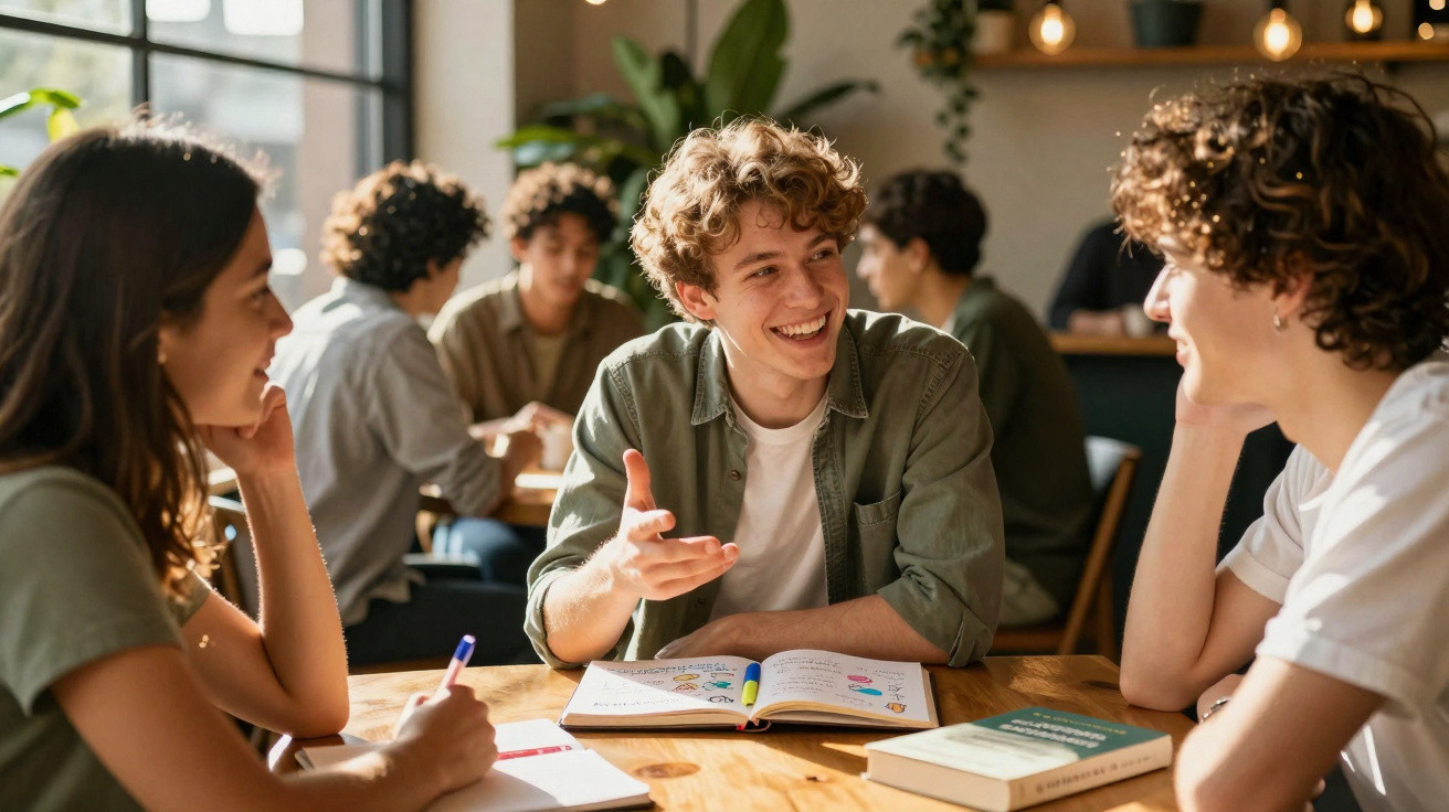 Grupo de jovens estudantes conversando e estudando juntos em mesa com livros e cadernos.