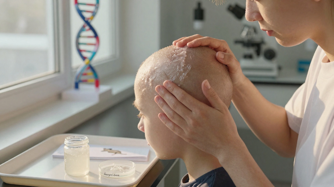 Pessoa aplicando pomada em cabeça careca de criança em ambiente clínico com modelo de DNA ao fundo.