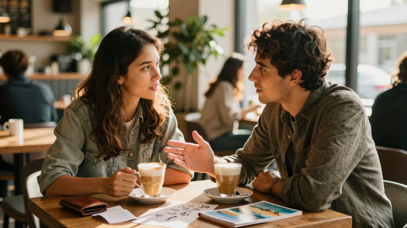 Casal jovem conversando em cafeteria com duas xícaras de café e folhas sobre a mesa.