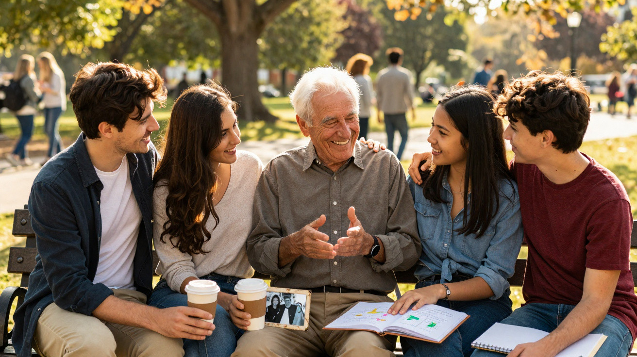 Idoso sorridente conversando com quatro jovens sentados em banco de parque ao ar livre.