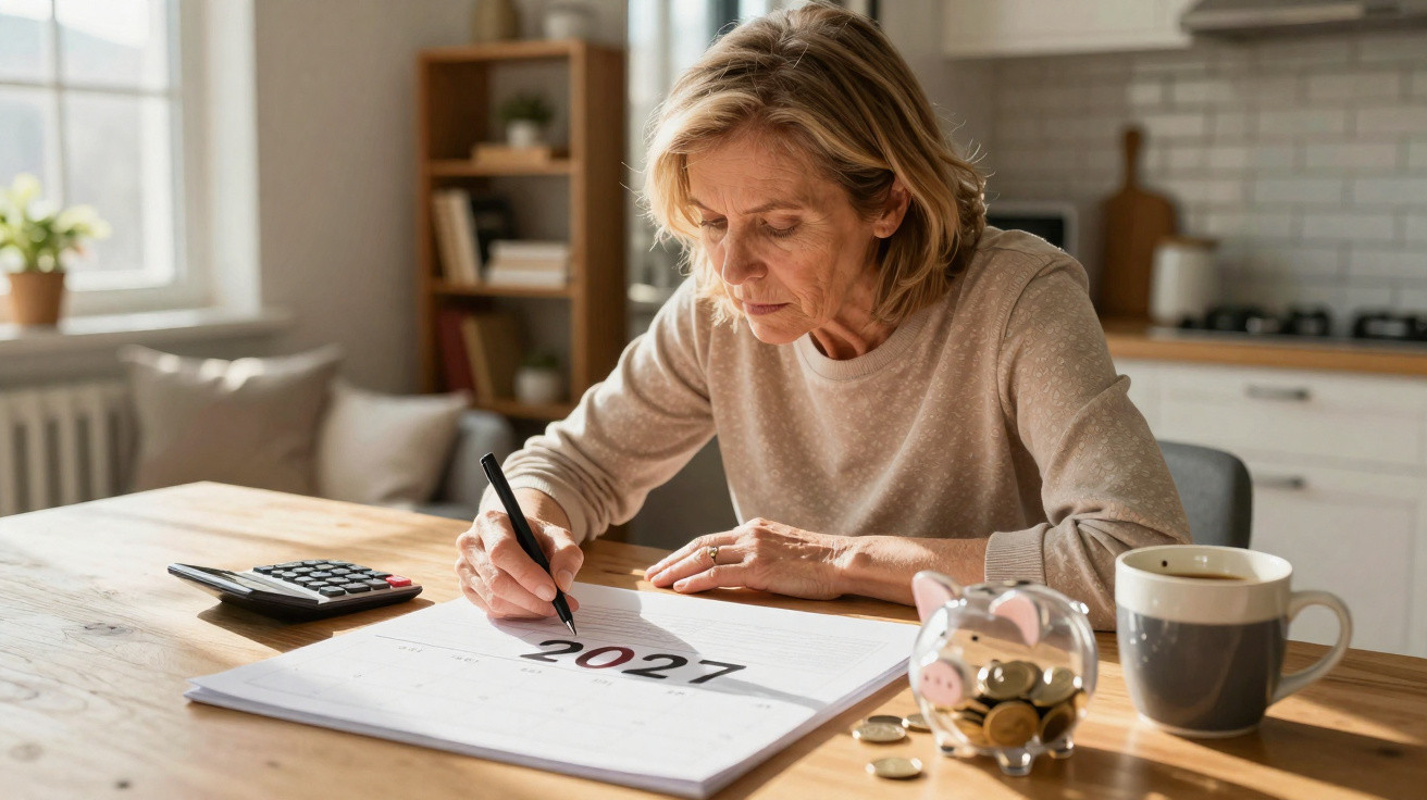 Mulher concentrada escrevendo calendário de 2027 em mesa com cofrinho, café e calculadora.