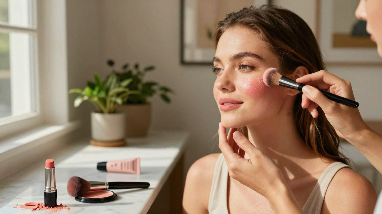 Mulher recebendo aplicação de blush com pincel em ambiente iluminado, com maquiagem sobre mesa próxima à janela.