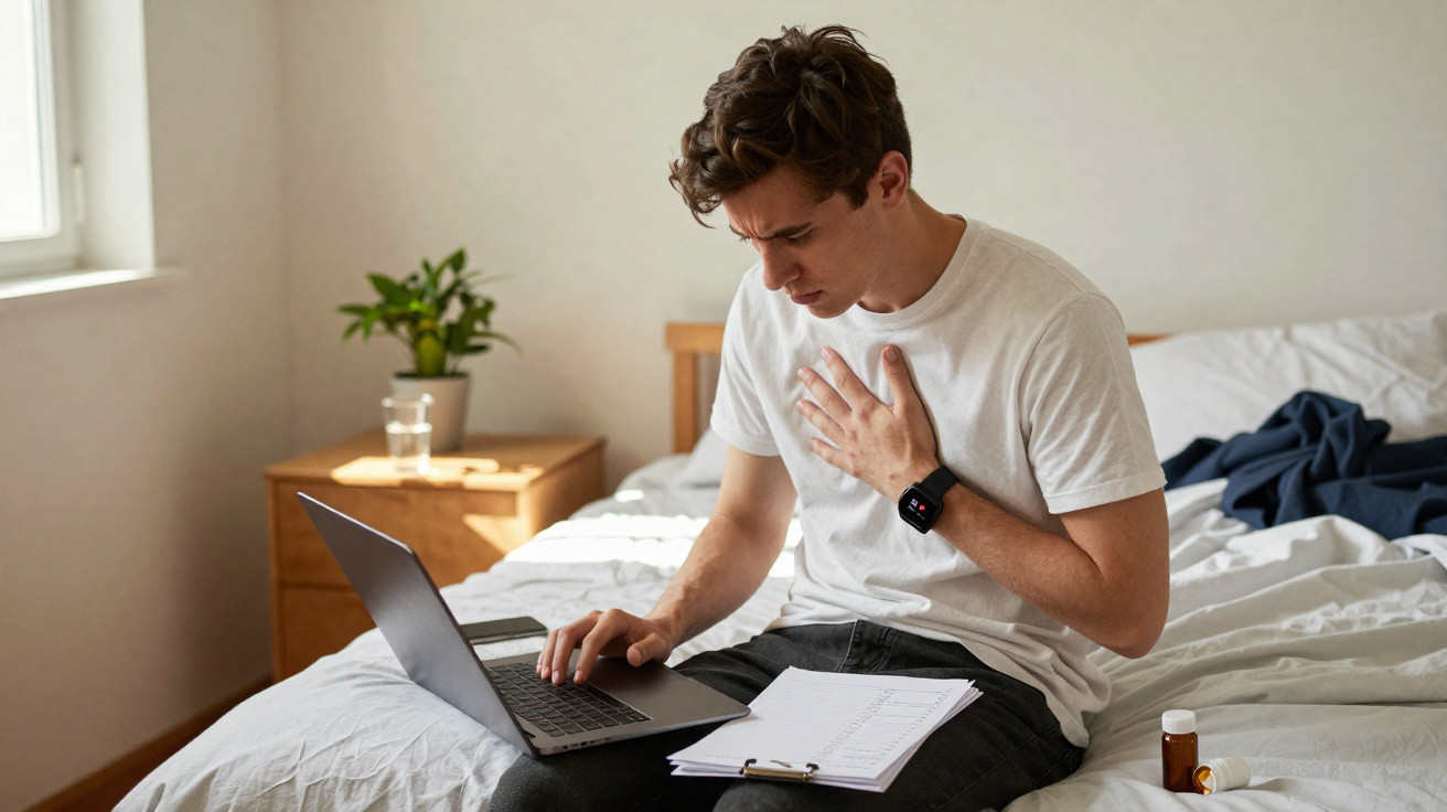 Homem sentado na cama com laptop, segurando o peito, aparentando dor ou desconforto.