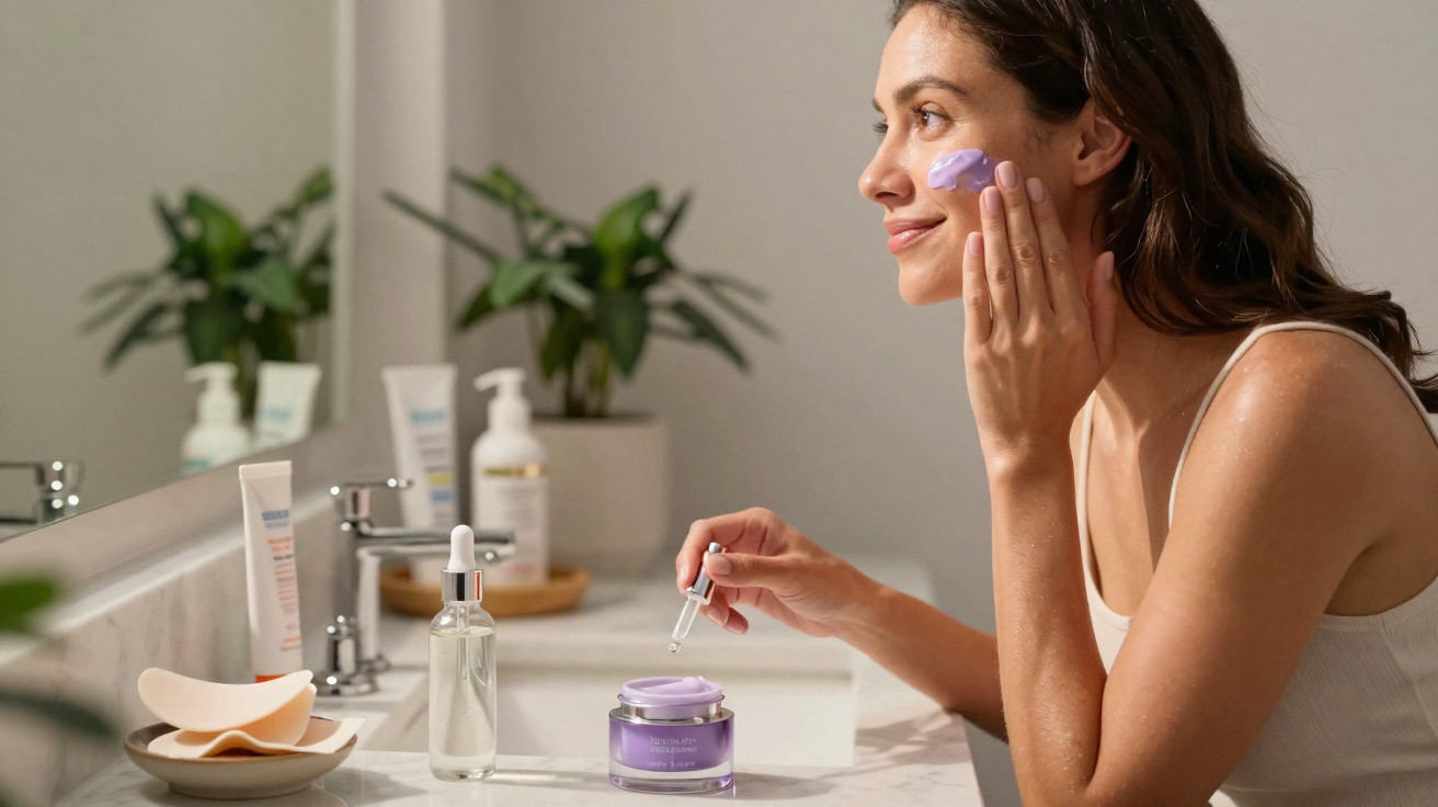 Mulher aplicando creme roxo no rosto em banheiro com produtos de beleza ao redor.