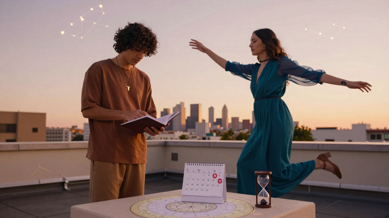 Jovem lendo livro e mulher dançando no terraço ao pôr do sol, com calendário e ampulheta na mesa.