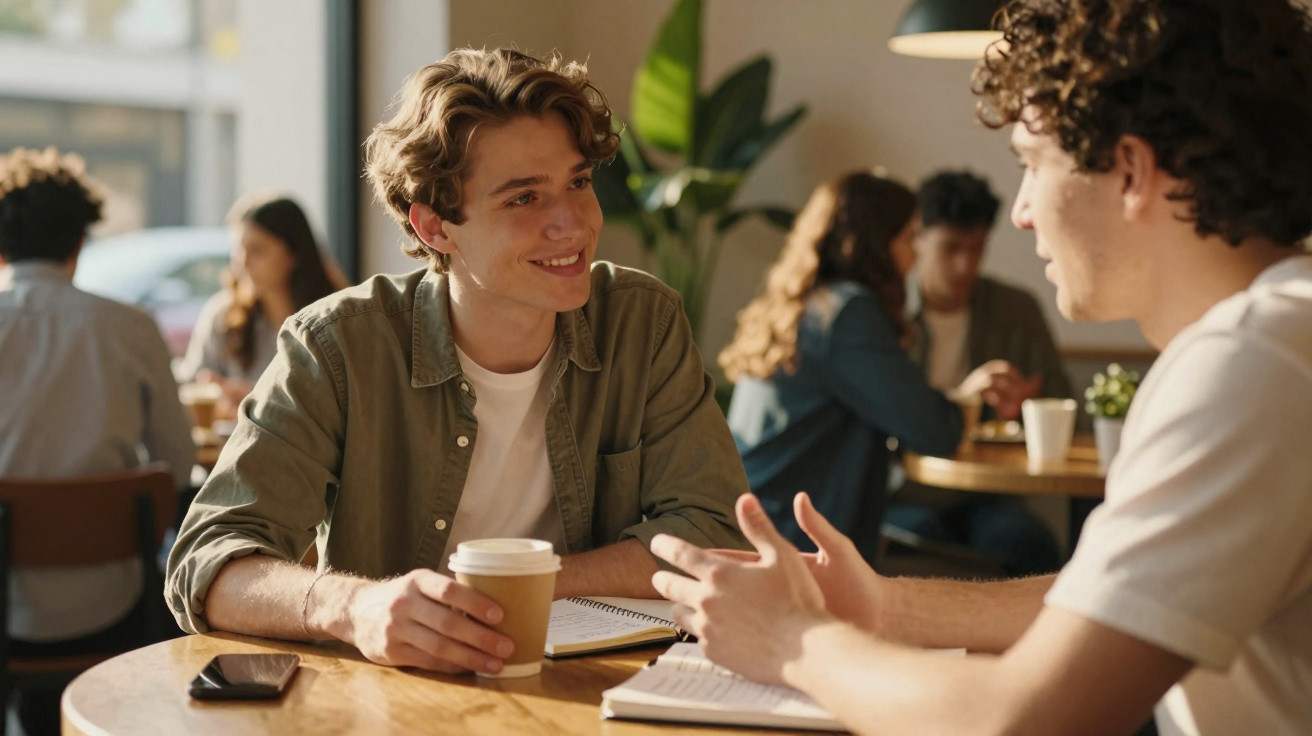 Dois jovens conversando e tomando café em mesa de cafeteria, com cadernos e celular à frente.