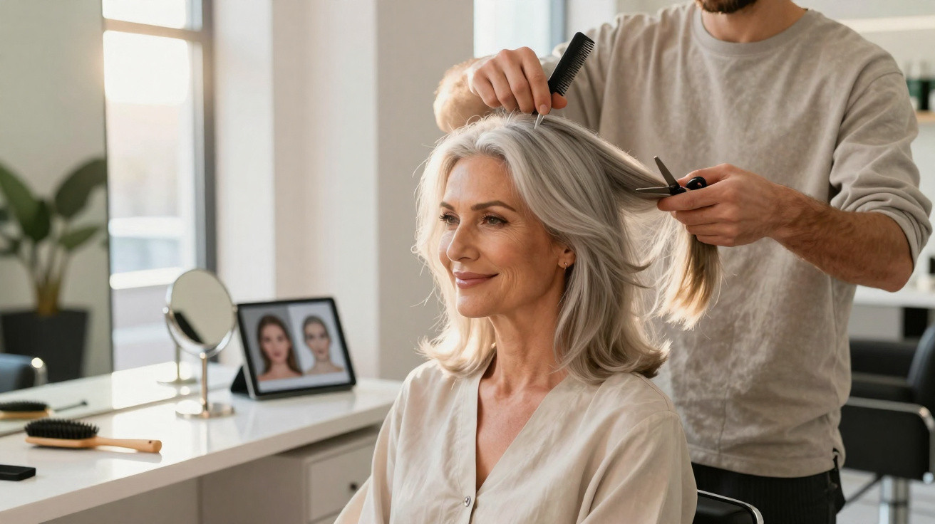 Mulher sorrindo enquanto cabeleireiro corta seu cabelo branco em salão iluminado.