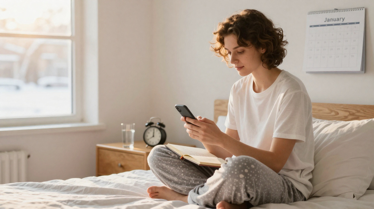 Pessoa sentada na cama lendo livro e usando smartphone em quarto iluminado pela manhã.