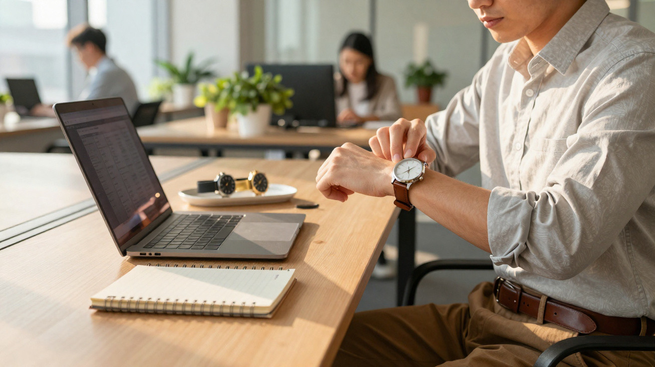 Pessoa conferindo o relógio sentado à mesa com notebook, caderno e relógios para venda à frente.