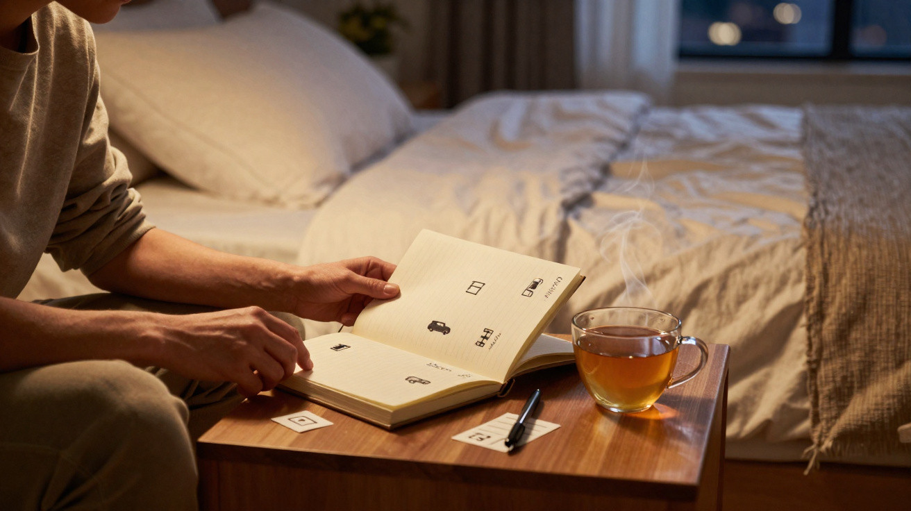Pessoa sentada na cama segurando um caderno aberto com desenhos, com xícara de chá em mesa ao lado.