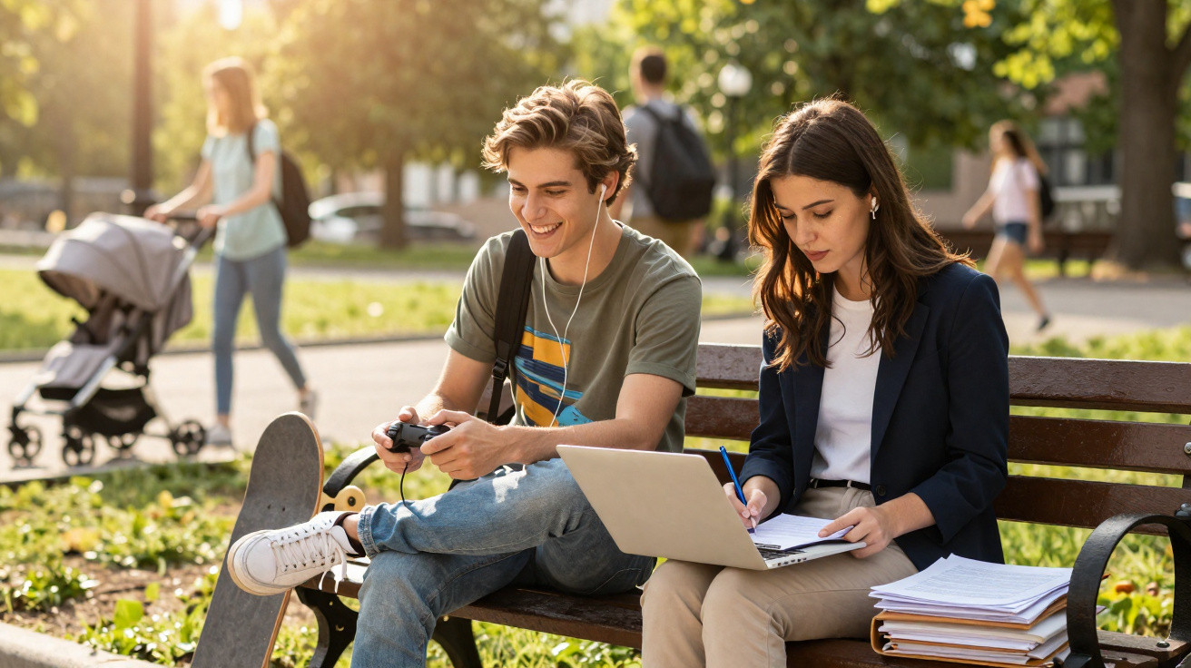 Jovem com fones joga videogame enquanto mulher ao lado estuda com laptop em banco de parque ensolarado.