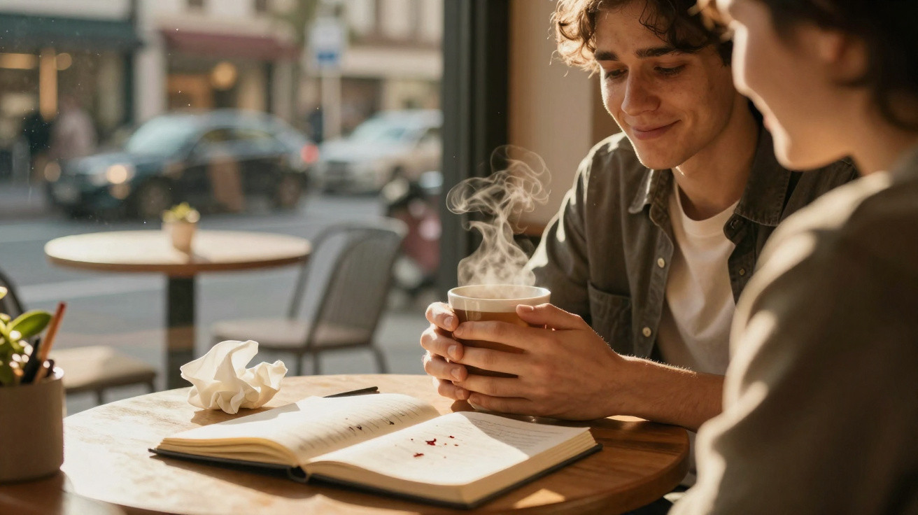Jovem sentado em café segurando xícara de bebida quente ao lado de livro aberto em mesa redonda.
