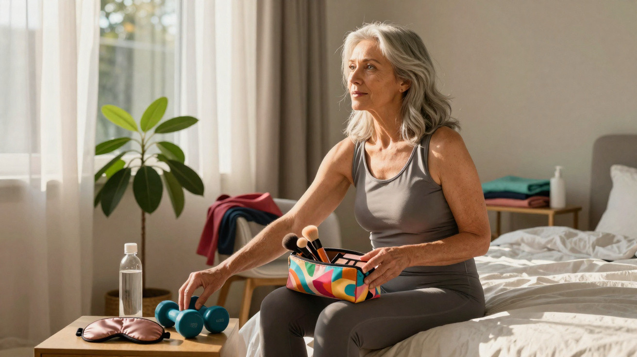 Mulher idosa sentada na cama pegando halteres, com nécessaire colorida e pincéis de maquiagem no colo.