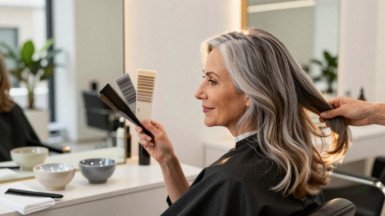 Mulher branca de cabelos grisalhos sentada em salão de beleza escolhendo tom de tintura para cabelo.