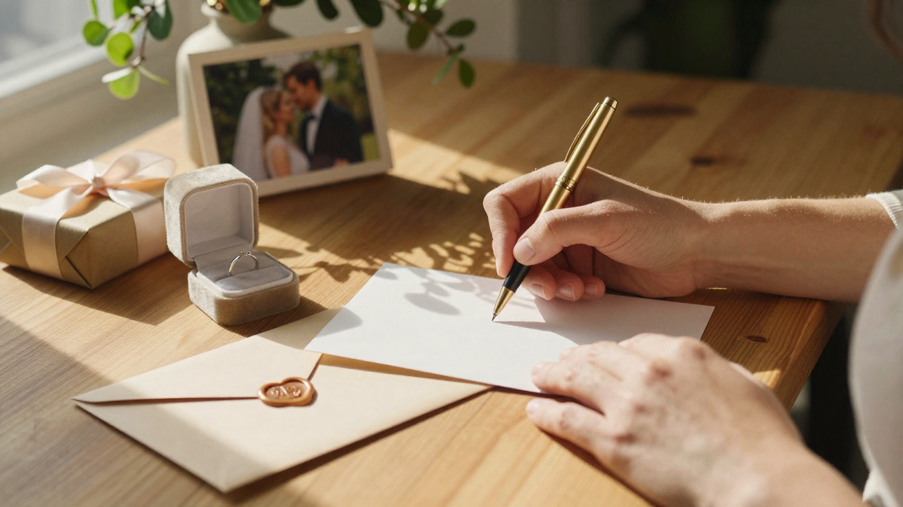 Pessoa escrevendo um convite em papel branco com anel, envelope, presente e foto de casal ao fundo.