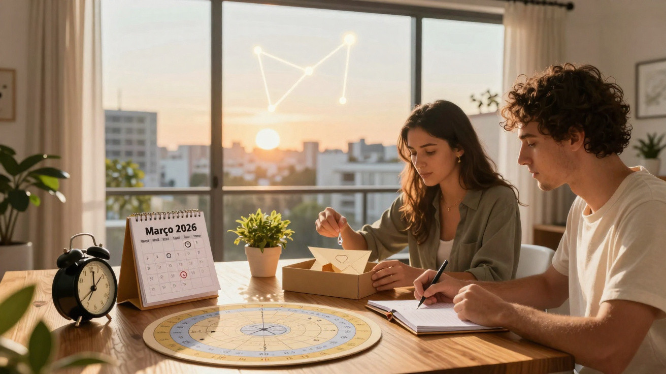 Casal jovem estudando astrologia com mapas astrais e calendário de março de 2026 em ambiente iluminado.